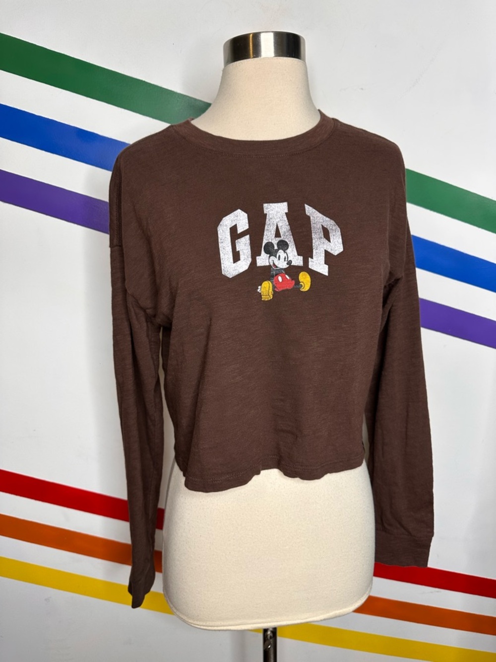 GAP x Disney brown Mickey Mouse long sleeve crop shirt size 14-16 teen